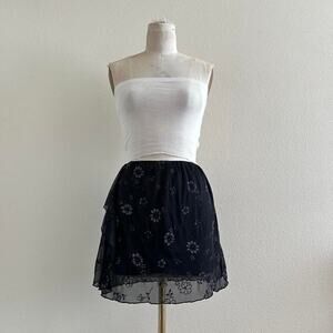 handmade black embroidered floral mesh mini skirt